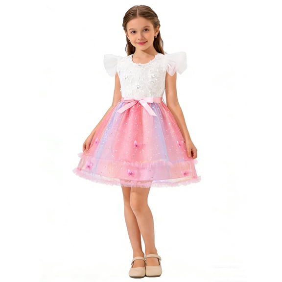 Flower Girl Dresses for Wedding Tulle Princess Pageant Birthday Party Gown with Sequined Mesh & Bowknot Belt Party Princess Outfit for 5-6 Years Kids, Pink