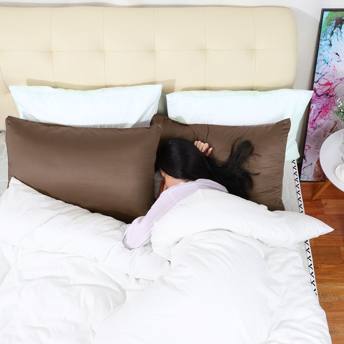 Unique Bargains Silky Satin Pillow Cases Covers Set of 2 Brown Travel