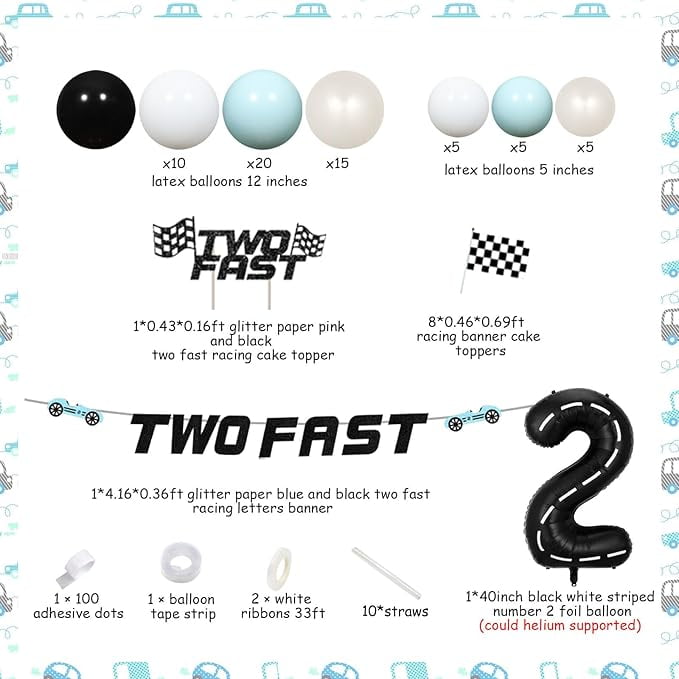 Two Fast Birthday Decorations Two Fast Balloon Arch Kit Race Car Two Fast Banner Vintage Retro Blue Apricot Cake Topper Racing Car Party Themed Birthday Supplies