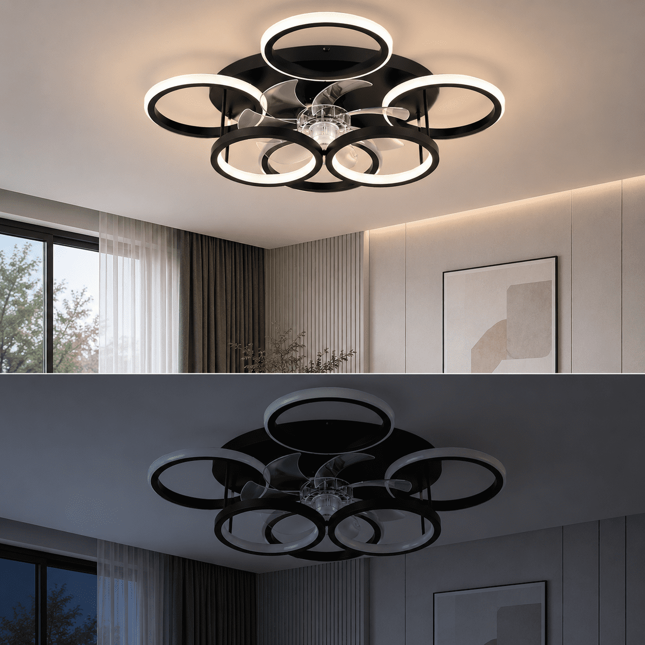 Garwarm 24.8" Black Ceiling Fan with Lights and Remote, Low Profile Flush Mount Fandelier, 6-Speed Reversible Ceiling Fan, Dimmable LED Light 3000K-6500K for Bedroom, Living Room