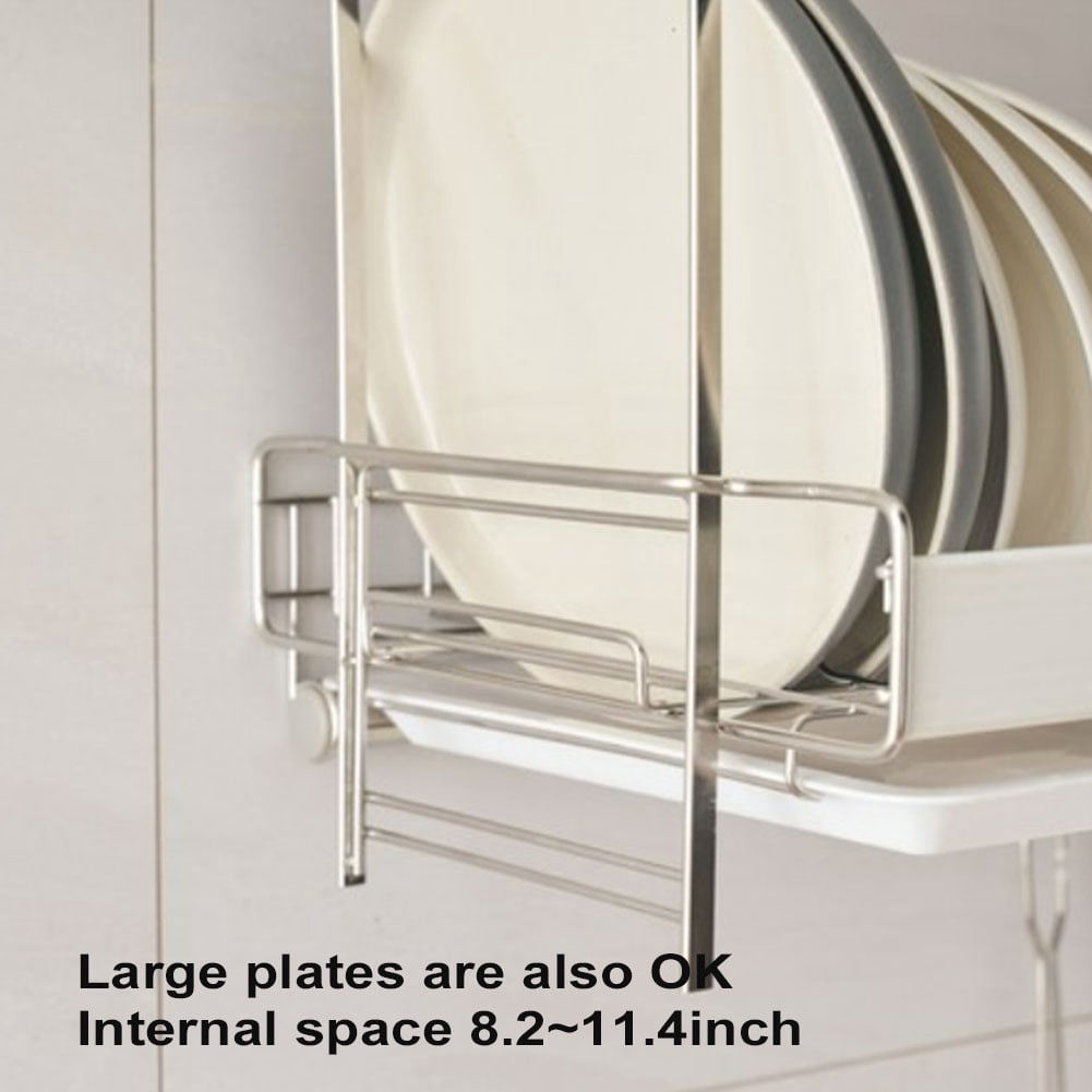Adjustable Under Cabinet Dish Drying Rack, Expandable Wall Mounted Dish Drainer (9.4" to 12.8") with 2-Compartment Utensil Holder
