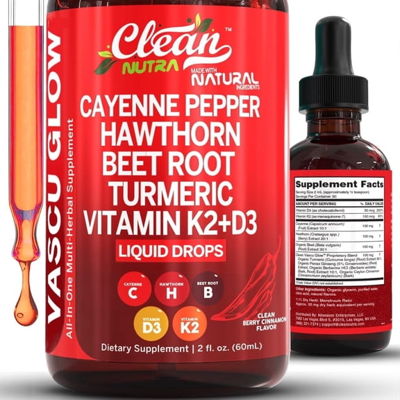 Clean Nutra Cayenne Pepper Drops Supplement Liquid   Hawthorn Berry, Vitamin D3 K2 Beet Root Powder, Ceylon Cinnamon, Turmeric Curcumin, Organic Panax Ginseng, Berberine Extract 1 Pack