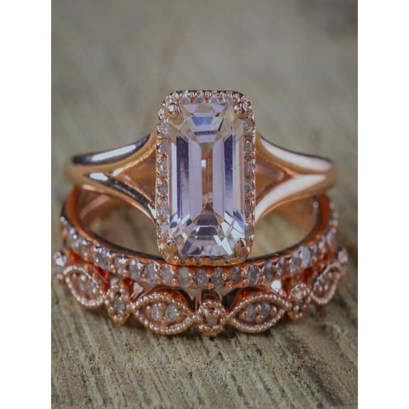 Sale 2 carat Emerald cut Morganite and Diamond Trio Ring Set in 10k Rose Gold with One Morganite Engagement Ring and 2 Wedding Bands Cheap Affordable
