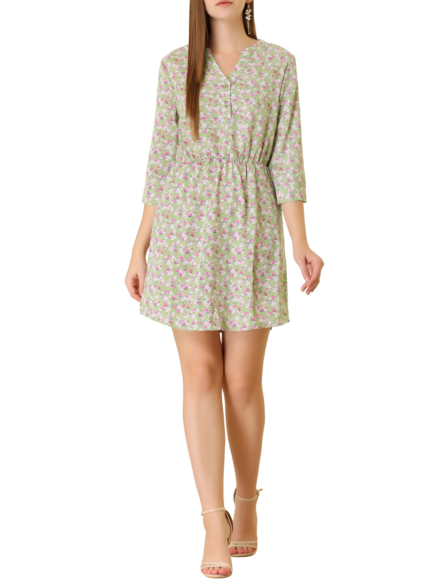 DARING DIVA Floral Print V Neck 3/4 Sleeve Vintage A-Line Dress M White XS Green