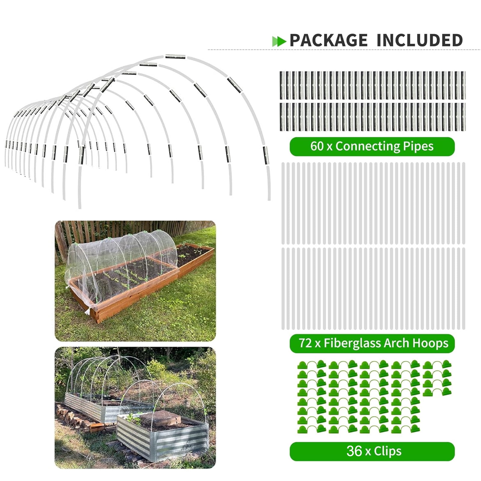 8FT Garden Hoops Grow Tunnel Kit - Rust-Free Fiberglass Frame for Raised Beds, 72pcs - DIY Plant Support for Garden Netting, Vegetable Garden Hoops Kit, Row Covers, and Greenhouse Protection