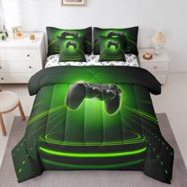Manfei Kids Gamepad Controller 7pcs Bedding Comforter Set,Console Video Game Queen Bedding Sets,Green Black Queen Sheet Sets For Boys,Luxury Bedroom Decor Reversible
