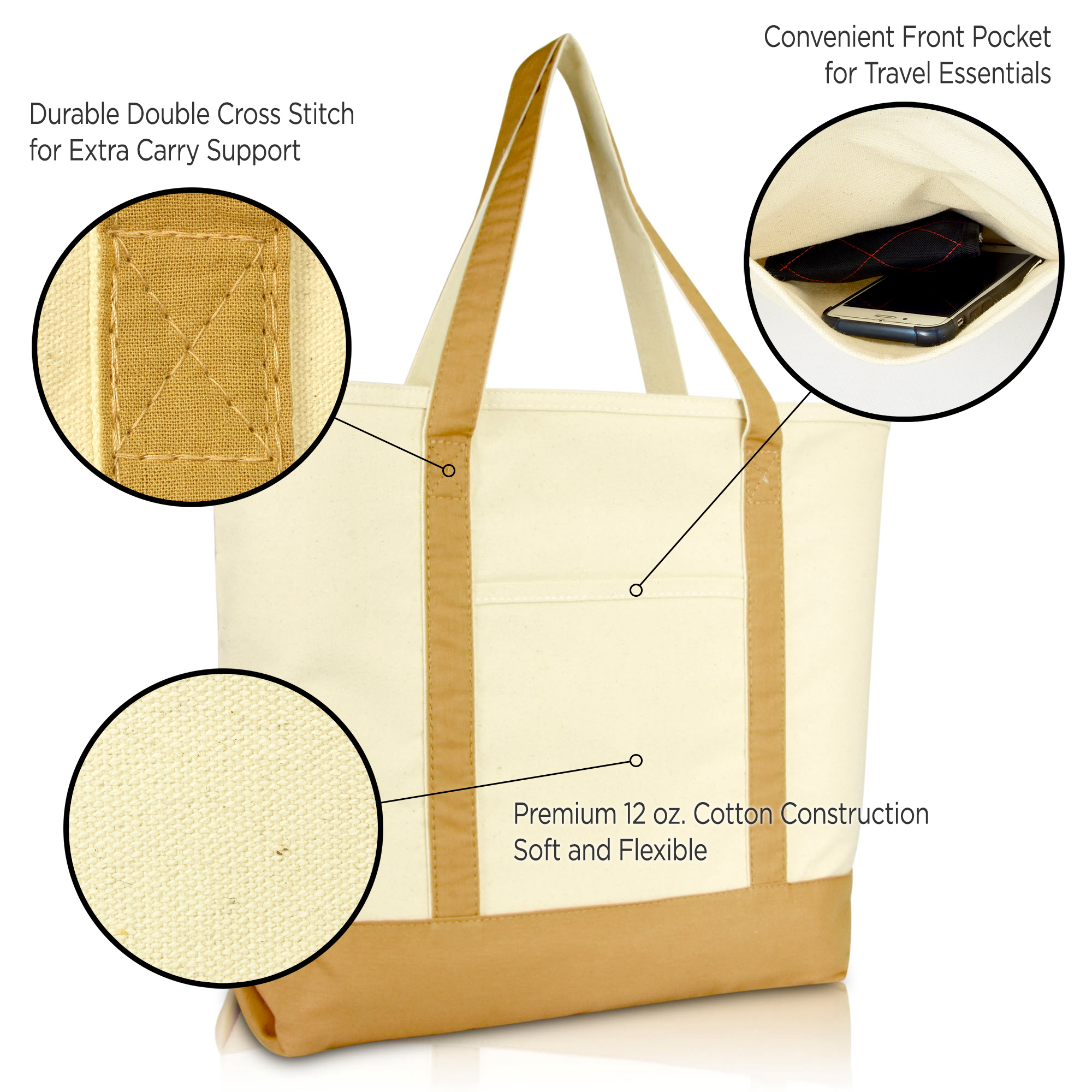 DALIX 22" Cotton Canvas Bag Beach Shopping Zipper in Brown - image 3 of 6