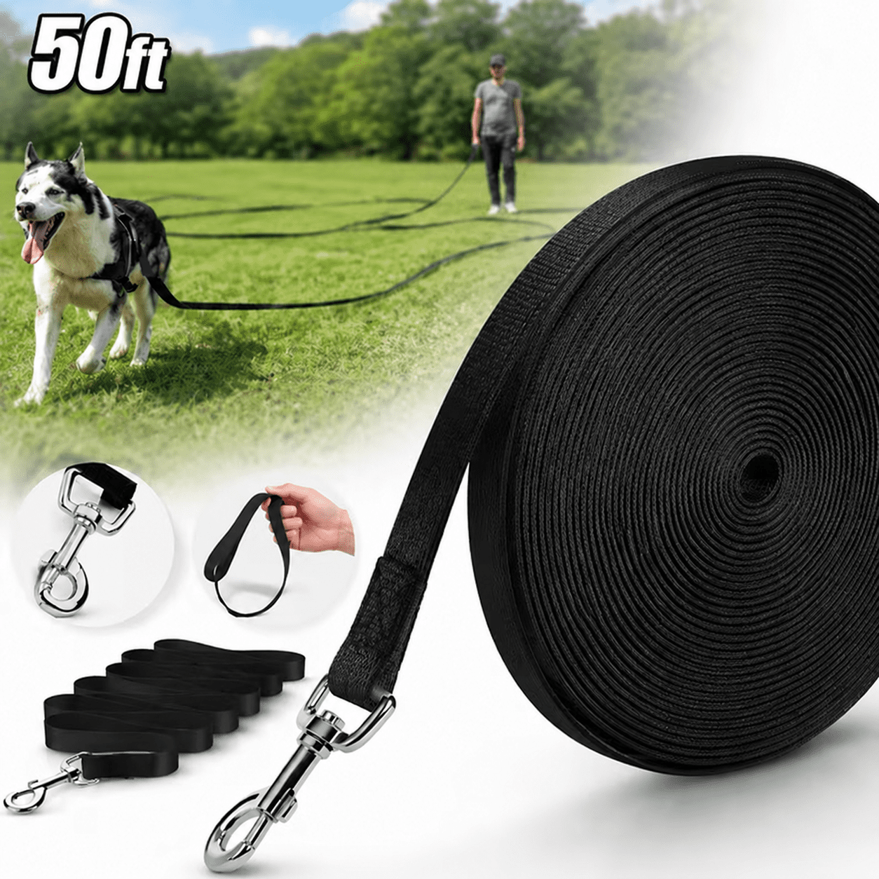 moopom 50ft Dog Obedience Recall Training Agility Dog Leashes - 3/4In Wide Puppy Leash Great for Training, Play, Camping, Backyard, Black