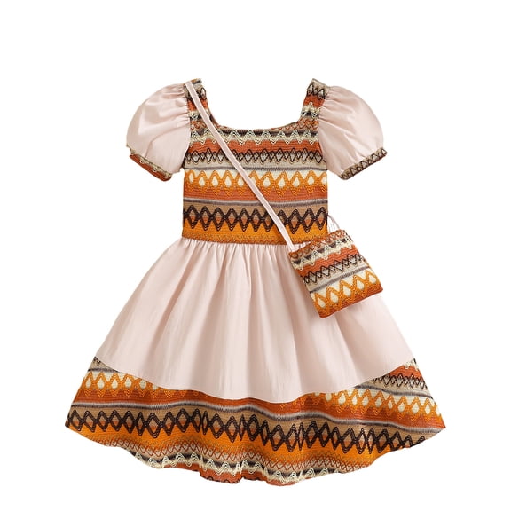XEGLSBU Dresses for Girls 7-8 Formal Bohemian Style Girls Patchwork Color Dress with Puff Short Sleeves Casual Summer Play Outfit Beige Size 7-8 Years