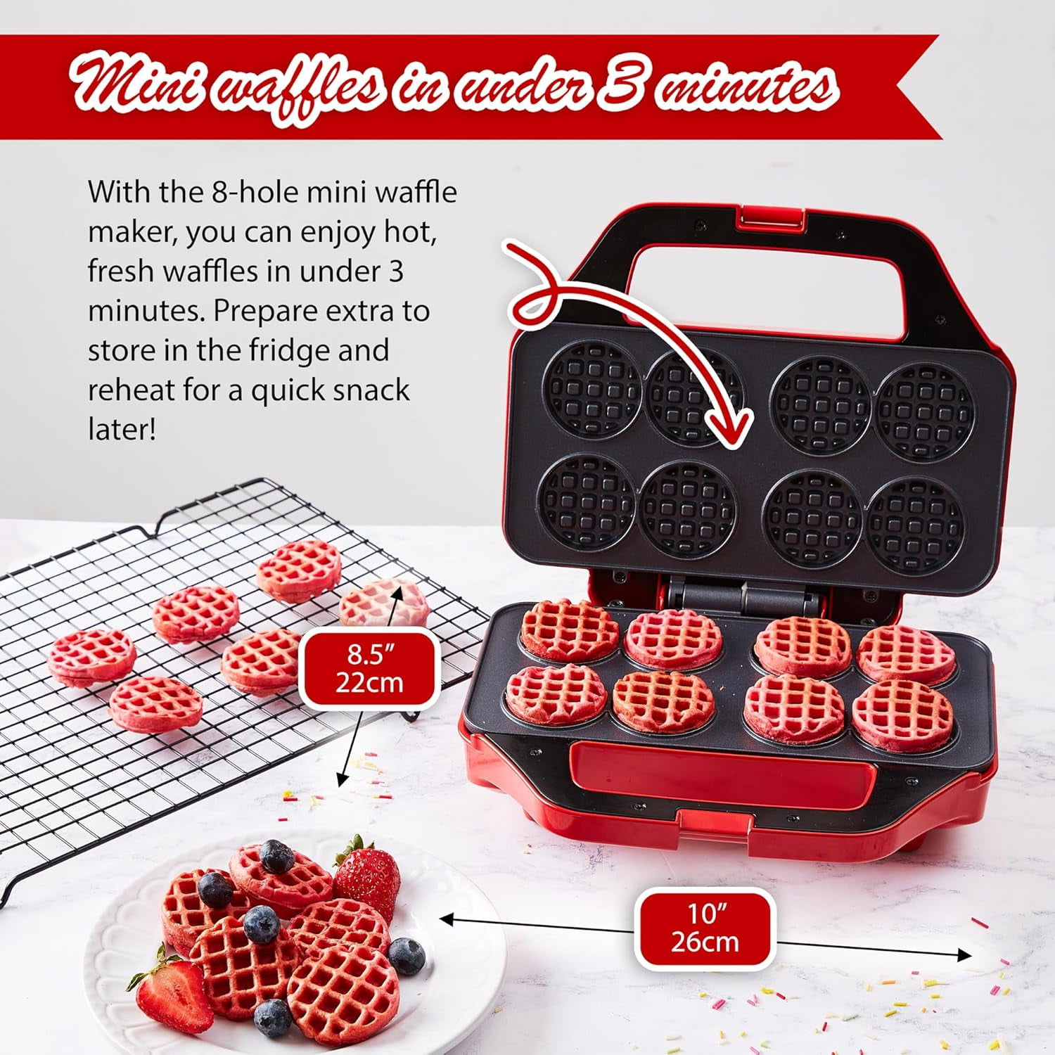 Waffle Maker for Kids, Small Non-Stick Electric Iron Makes 8  Waffles with Recipe Book