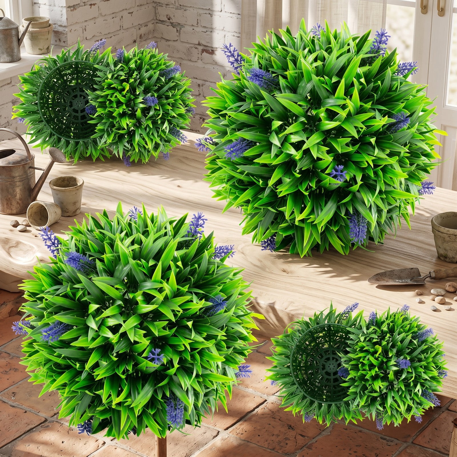 ALPULON 2 Pieces 12 Inch Artificial Lavender Topiary Balls with Flowers Faux Boxwood Ball Fake Plants for Indoor Outdoor Garden Home Front Porch Wedding, Purple Green