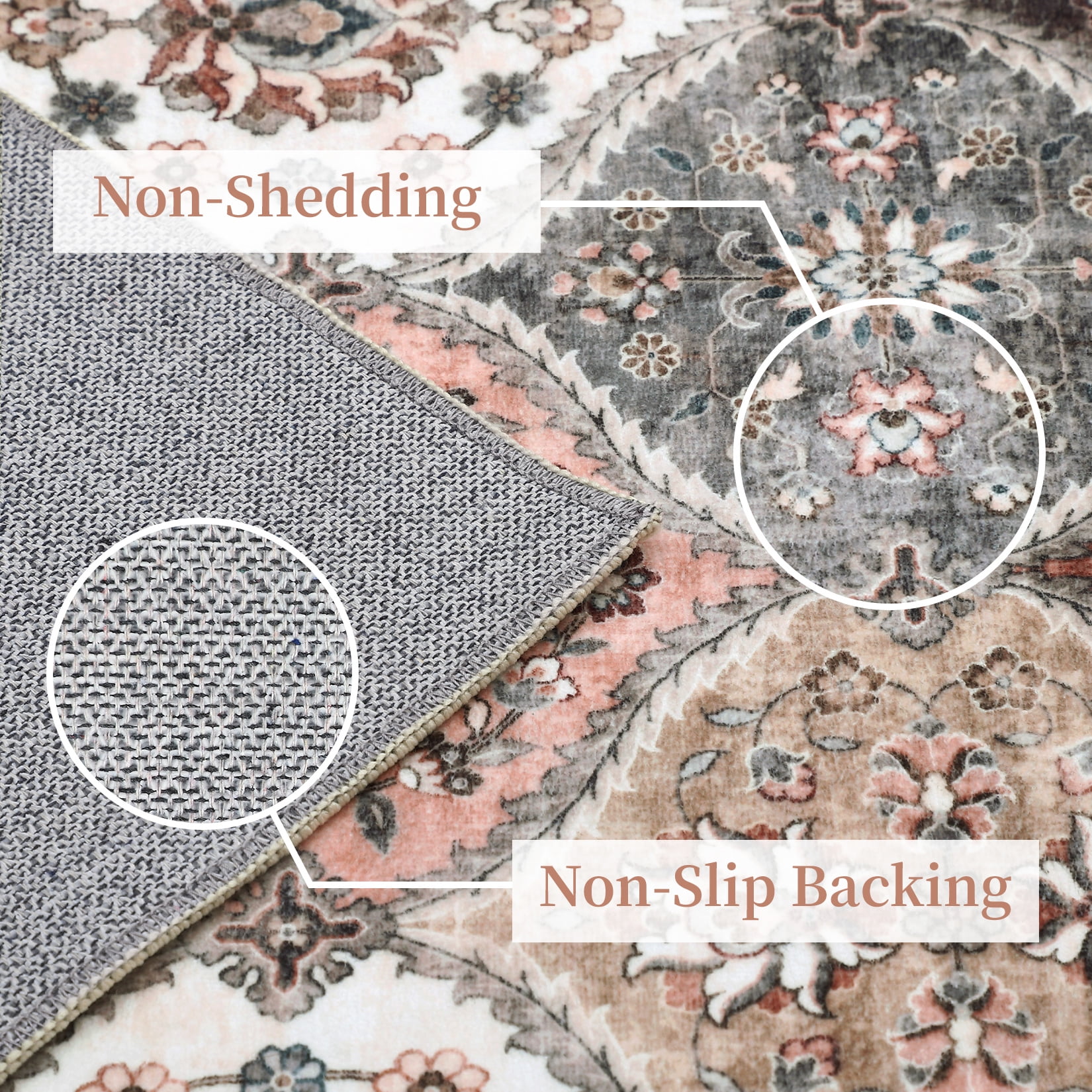 Hasoo Large Area Rug 9' x 12' Rug for Living Room Bedroom Floral Non-Slip Washable Accent Indoor Carpet, Gray/Pink
