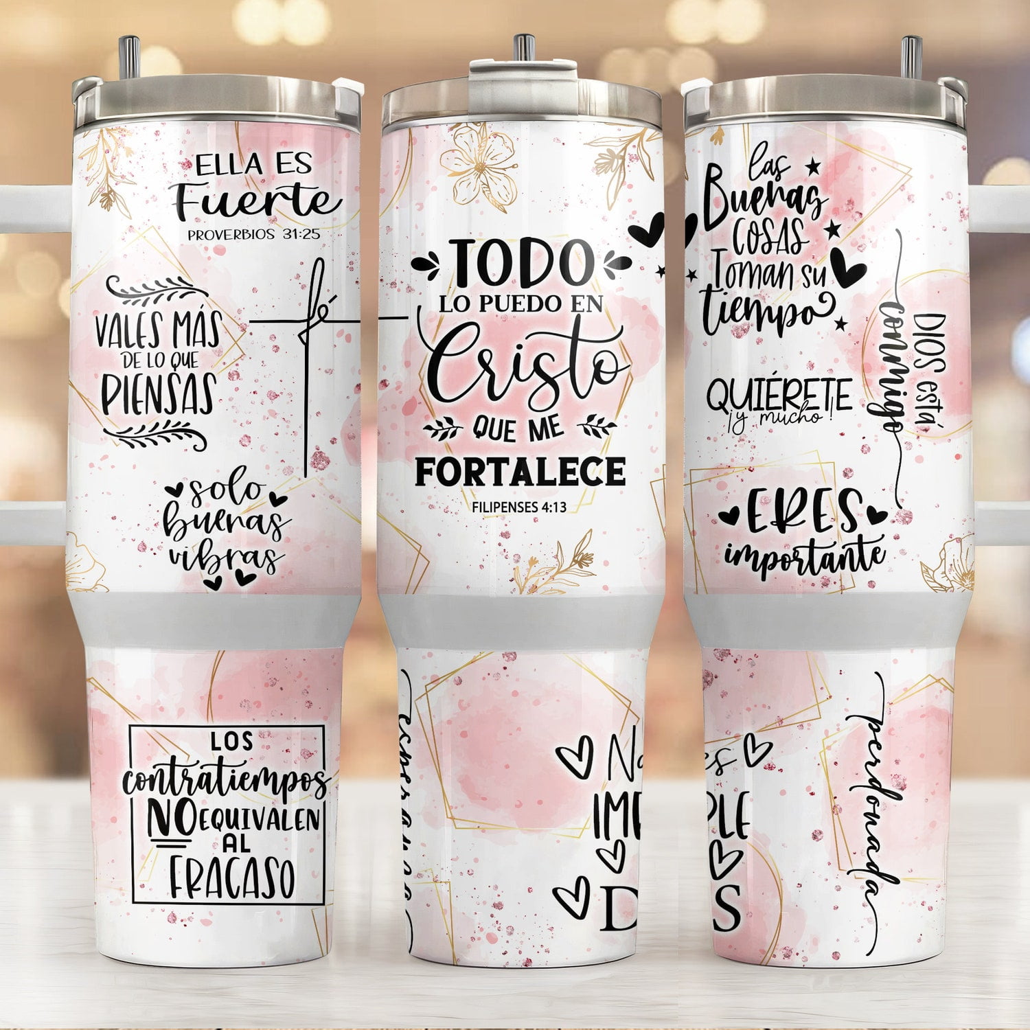 Spanish Faith Affirmations 40oz Tumbler, Boho Christian Quote Travel Cup