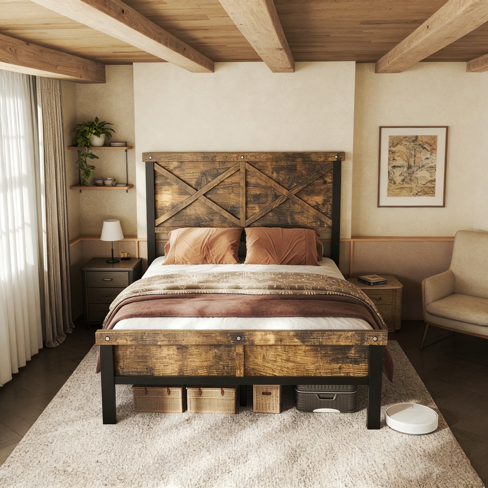 HOMRELEXA Farmhouse Bed Frame Full Size with 51" Tall Headboard and Footboard, Platform Bed Frame, No Box Spring Needed, Brown