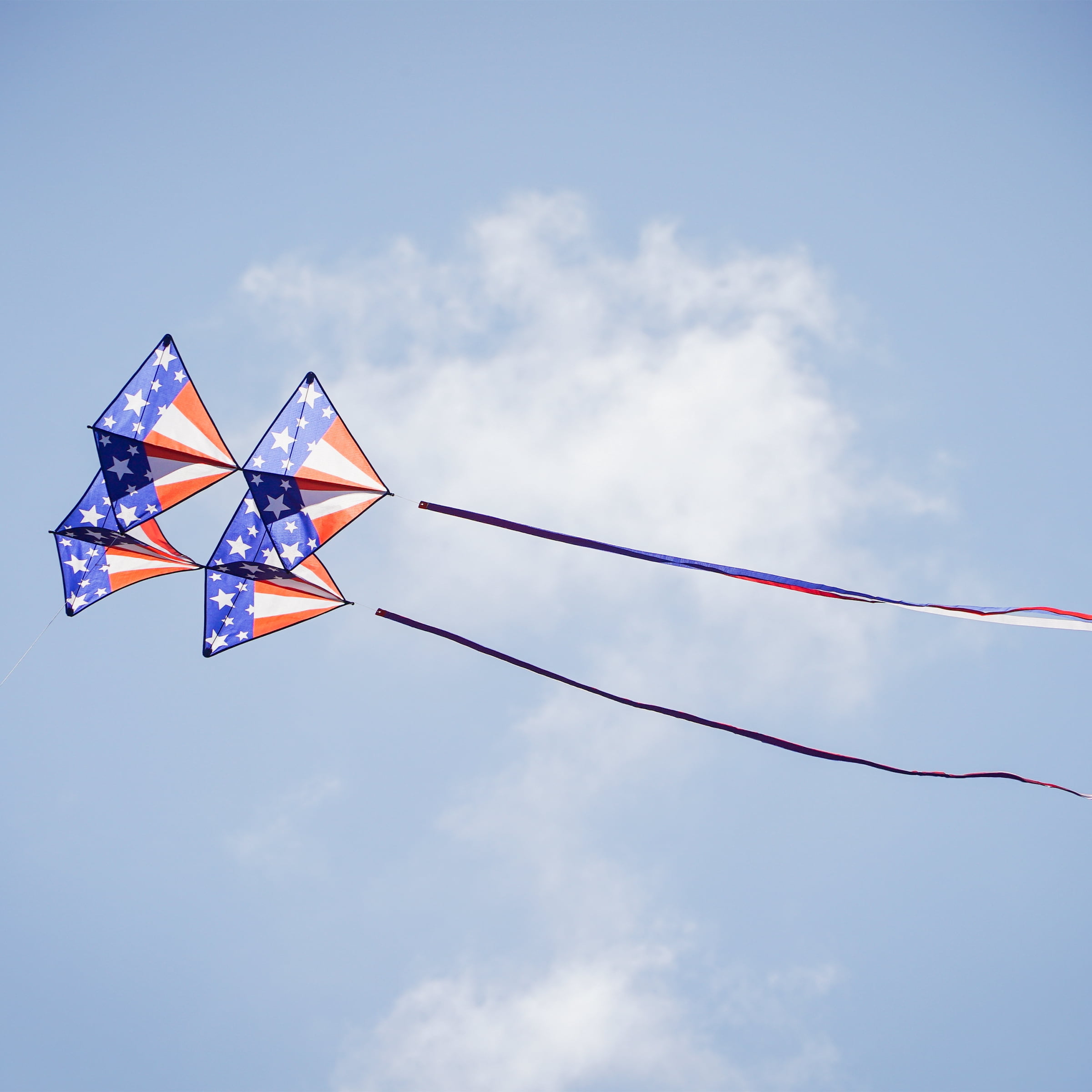 In the Breeze 3372 — Stars & Stripes Tri-Kite — Large Patriotic Cellular Single-Line Kite with Color-Coordinated Streamer Tails; Kite Line Included
