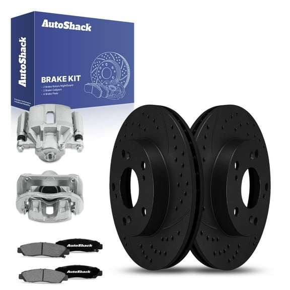 AutoShack Front Drilled & Slotted Brake Rotors Ceramic Brake Pads Calipers | Replacement for 2003-2005 Honda Accord 3.0L V6 FWD | Black E-Coated | 8-PC Brake Kit | NightGuard