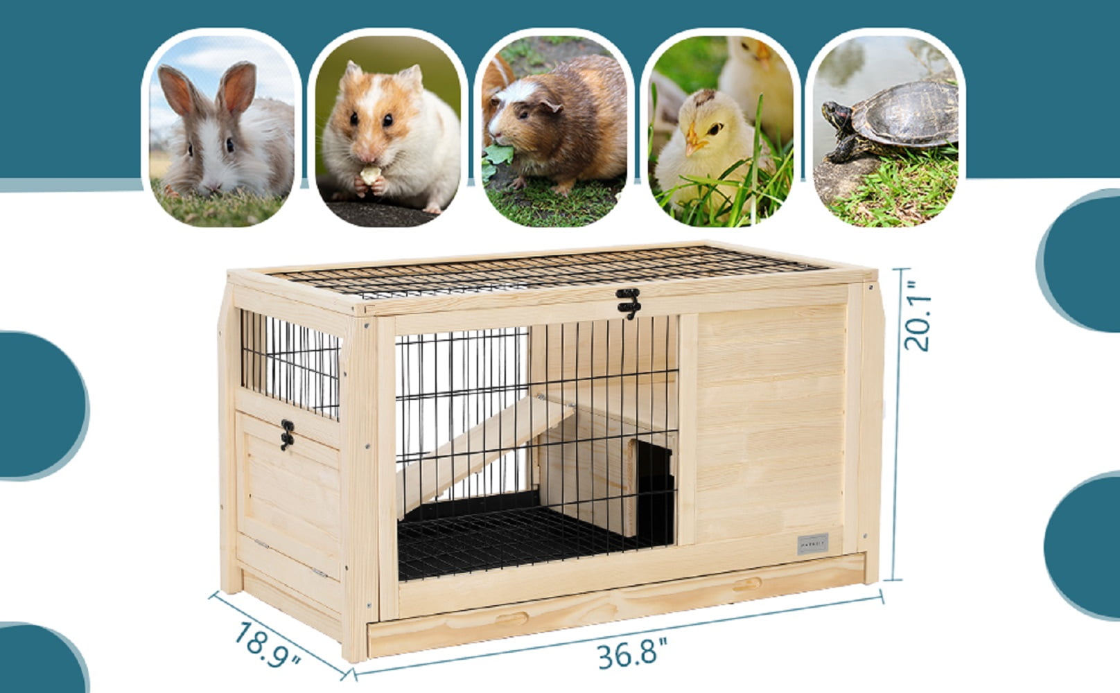 Petsfit Rabbit Hutch Pet House for Small Animals ，Guinea Pig Cage Spruce Wood Rabbit Hutch Ramp for Enter and Out