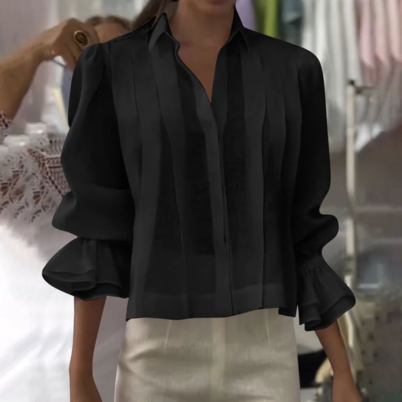 NTACZA Tops Womens Business Casual Cotton Linen Black Smocked Blouse Loose Button Down Long Sleeve Shirt Womens Blouses L