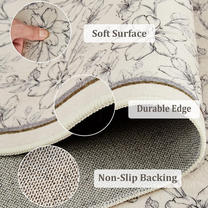 9'x12' Area Rugs Boho Floral Bedroom Washable Low Pile Non Slip Indoor Carpet for Nursery Playroom Living Room Beige