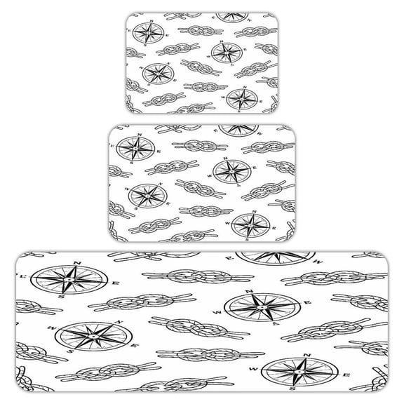 RKSupls Kitchen Rug Set 3 Piece Anti-Slip Flannel Floor Mats, Compass Knot Pattern Washable Absorbent Runner Mats for Kitchen Bathroom Home Decor