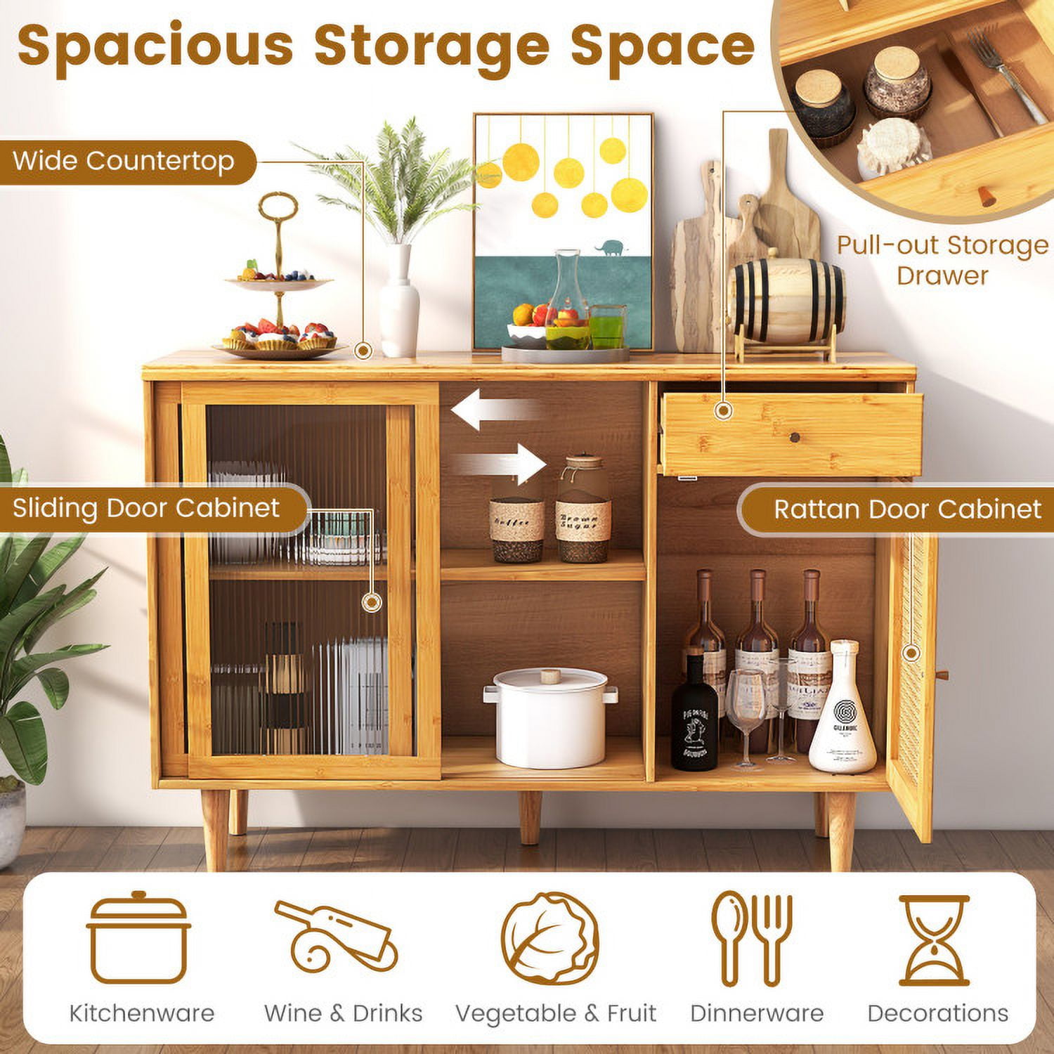 Finihen Kitchen Storage Cabinet, Buffet Sideboard, Modern Bamboo Buffet Sideboard Cabinet with Tempered Glass Sliding Doors, for Dining Room, Kitchen, Living Room, Natural Finihen Kitchen Storage Cabinet, Buffet Sideboard, Modern Bamboo Buffet Sideboard Cabinet with Tempered Glass Sliding Doors, for Dining Room, Kitchen, Living Room, Natural
