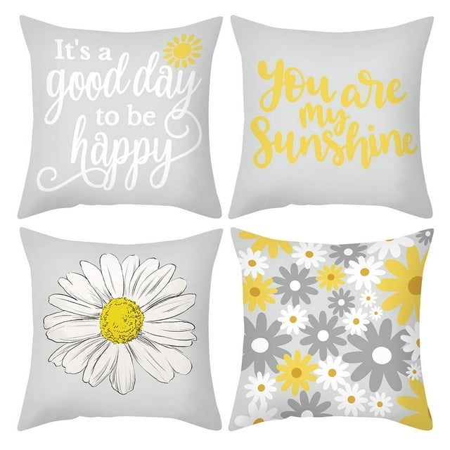 4 fundas de cojín decorativo con motivos de girasoles, 45 x 45 cm: lino, amarillo/gris, lavables, decoración para salón/dormitorio