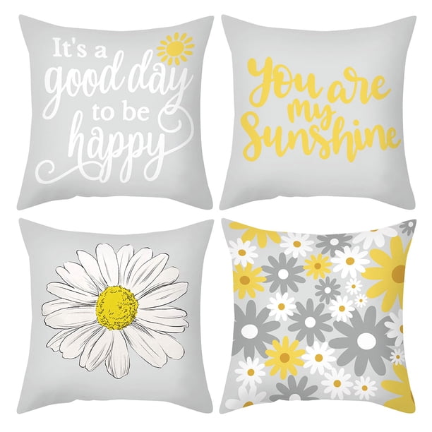 4 fundas de cojín decorativo con motivos de girasoles, 45 x 45 cm: lino, amarillo/gris, lavables, decoración para salón/dormitorio