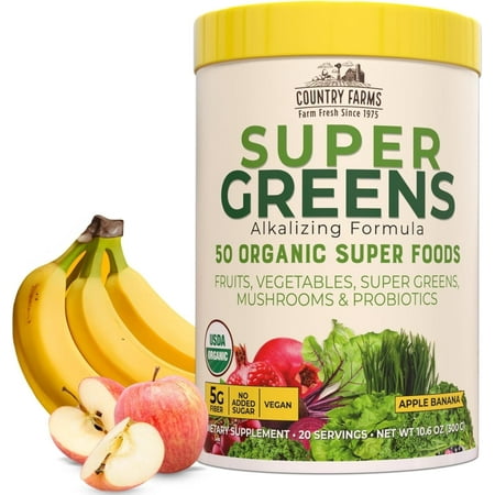 Country Farms Super Greens Apple Banana Flavor, 50 Organic Super Foods, 20 servings