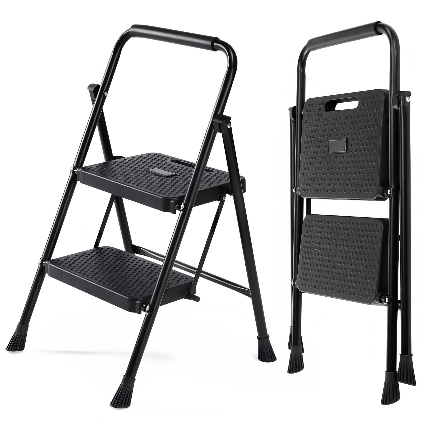 Kelno 2 Step Ladder 800Lbs Capacity Folding Step Stool with Anti Slip Pedals Safety Handrail, Pure Black
