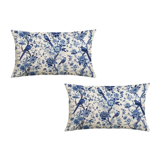 2Pcs Satin Pillowcase Vintage Blue Floral And Bird Silk Pillowcase For Hair And Skin,Pillowcase Soft And Smooth With Hidden Zipper Suitable For Women 19.7X11.8" Happy 2026!