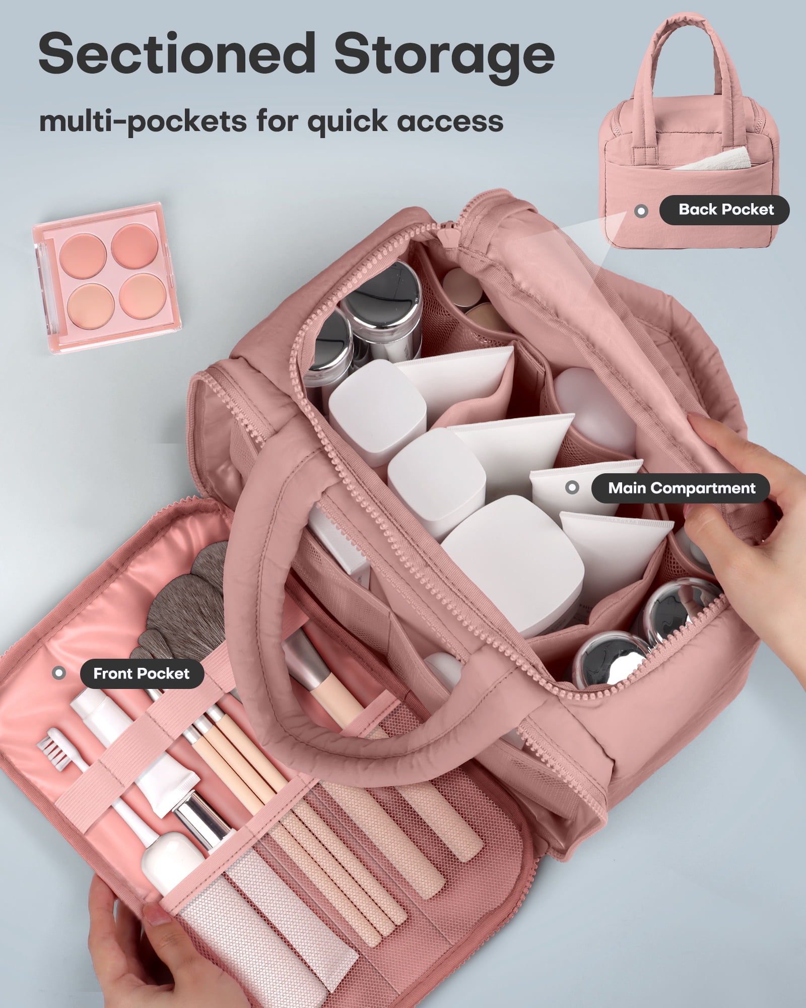 HOTOR Toiletry Bag for Women, Travel Size Toiletry, Wide-Open Makeup Bag with Handle, Wet & Dry Separation, 12.5" x 6.2" x 8.8", Dark Pink