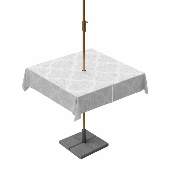 Outdoor Tablecloths with Umbrella Hole & Zipper, White Moroccan 60x60 Inch Square Tablecloths, Boho Morocco Geometric Quatrefoil Grid Waterproof Table Cloth, Patio/Pool/Picnic Table Covers