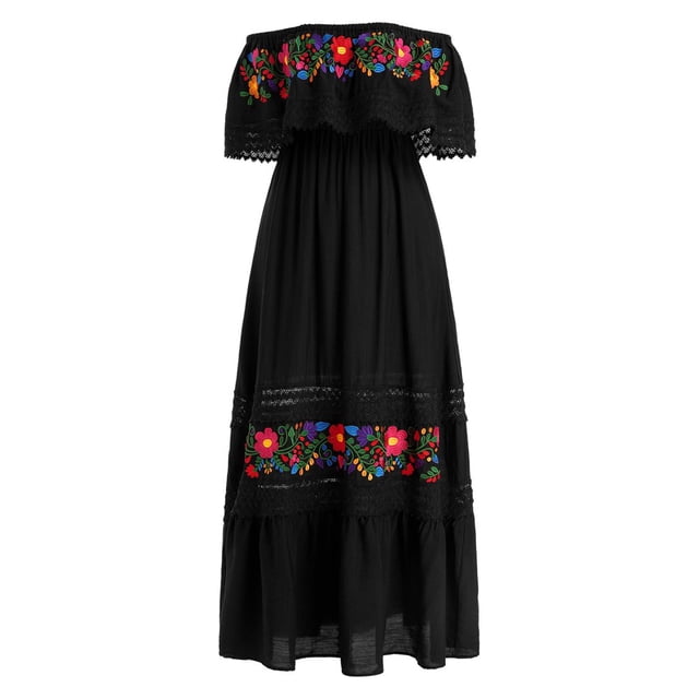 IDOPIP Robe Mexicaine pour Femmes à Épaules Dénudées, Longue Robe Maxi à Fleurs Brodées, Robes de Fête Traditionnelles