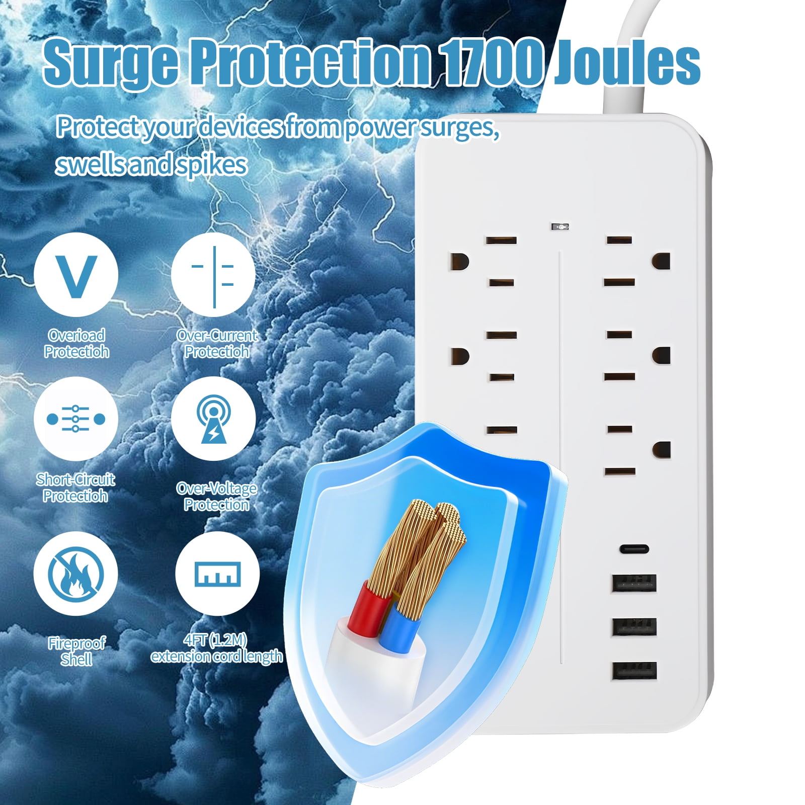 8-Outlet Surge Protector Power Strip with 3 USB (1 USB-C), 4ft Flat Plug, 1250W/1700J, Switch for Office/Dorm, White