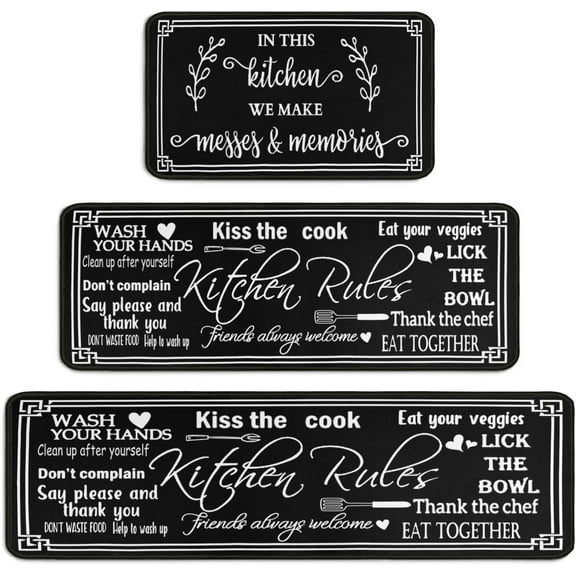 Black Kitchen Rug Sets 3 Piece with Runner Non Slip Kitchen Rugs and Mats Washable Kitchen Mats for Kitchen Floor Mat Carpet Runner Rugs for Hallway Laundry Decor 17”x30“ 17'''' X 47'''' 17"x59"