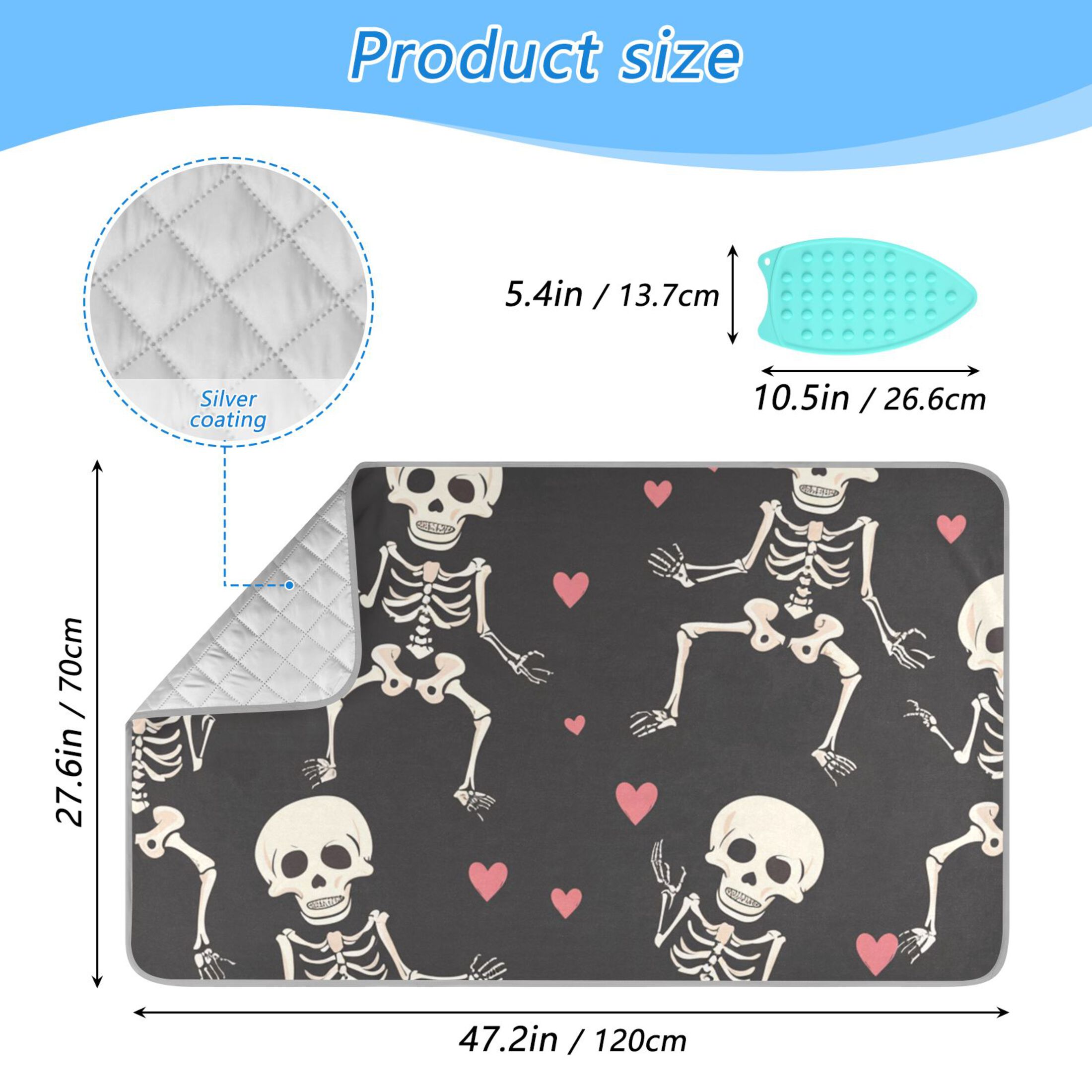 Skeleton and Cute Hearts Ironing Mat Blanket Portable Travel Ironing Pad Heat Resistant Pad 47.2" x 27.6”