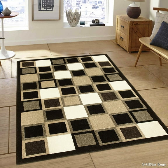 Allstar Black Modern Geometric Brown square design Area Rug (5' 2" x 7' 2")