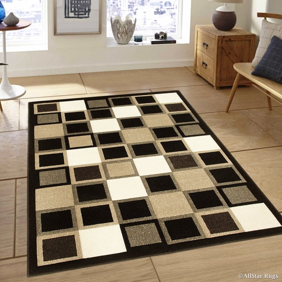Allstar Black Modern Geometric Brown square design Area Rug (7' 9" x 10' 5")