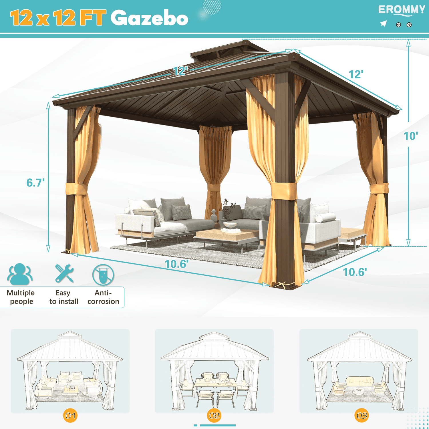 EROMMY 12'x12' Hardtop Gazebo with Galvanized Steel Double Roof & Aluminum Frame, Outdoor Gazebo