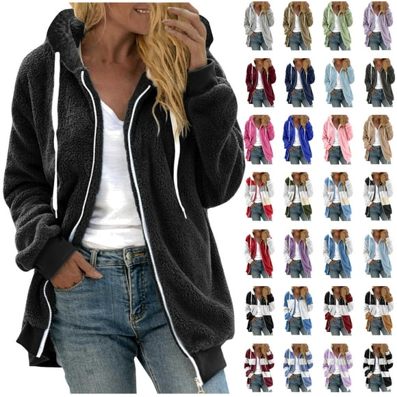 QATAINLAV Deals Today Winter Coats for Women 2024 Shaggy Faux Fur Hooded Coats Warm Fuzzy Fleece Jackets Solid Long Sleeve Oversized Sherpa Jacket Black XXXXL