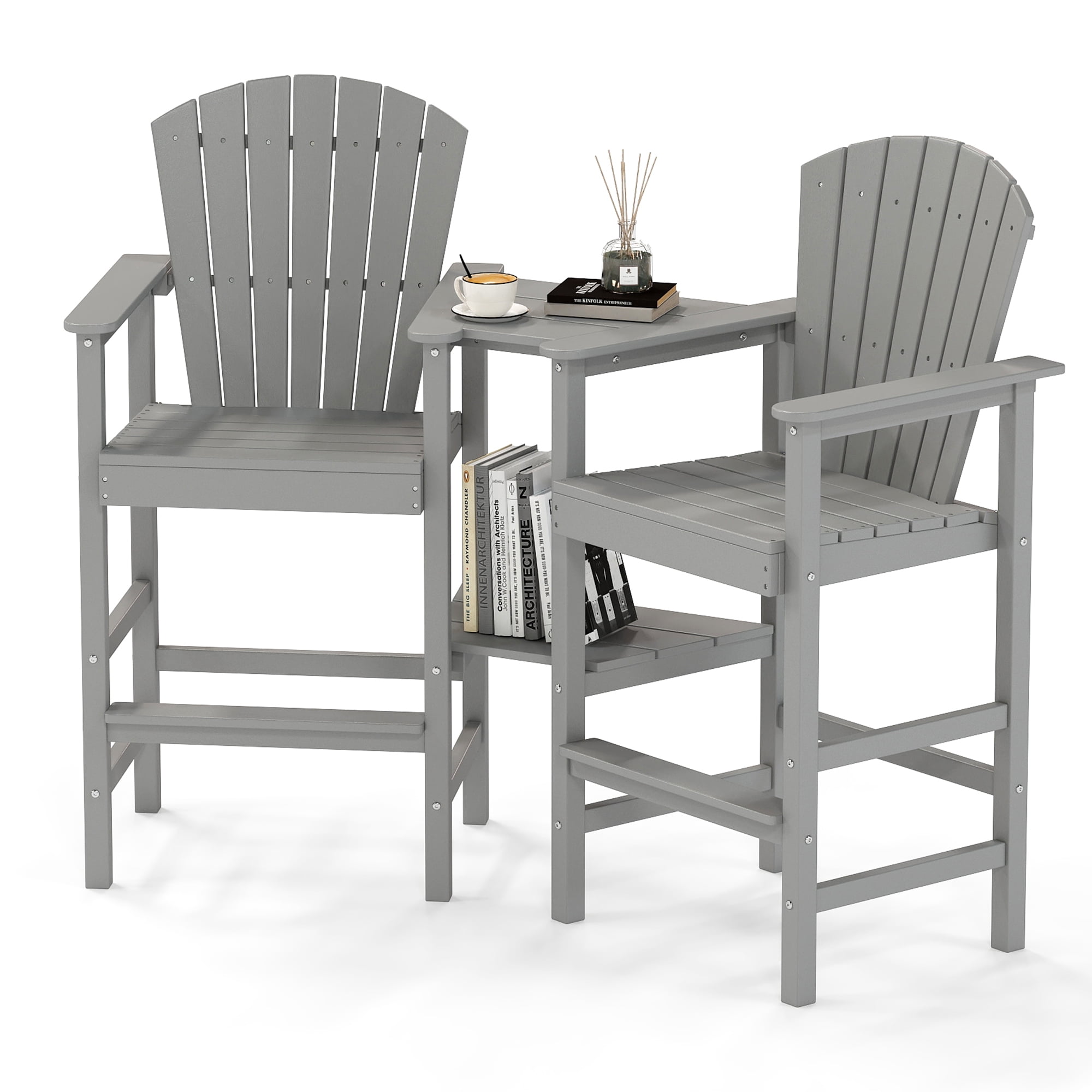 Tall Adirondack Chair Set of 2, HDPE Balcony Chair with Double Connecting Tray, Outdoor Weather Resistant Adirondack Chair, Gray
