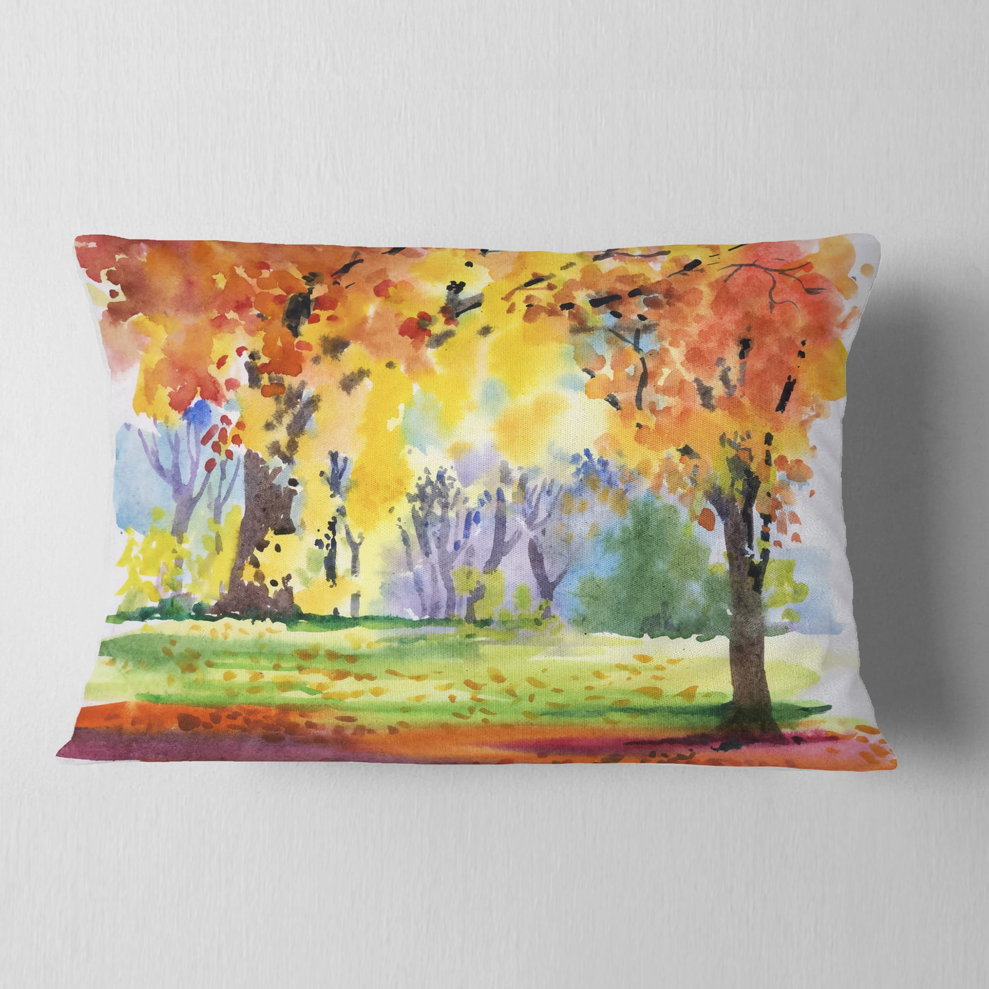 Designart Autumn Park Yellow Trees Watercolor - Landscape Printed Throw Pillow - 12x20
