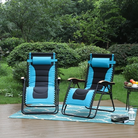 MF Studio 2PCS XL Oversized Padded Zero Gravity Chair Folding Lounge Recliners With Cup Holder Aqua