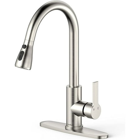 

Hosslly Kitchen Faucet with Pull Down Sprayer Brushed Nickel High Arc Single Handle Kitchen Sink Faucet with Deck Plate Commercial Modern rv Stainless Steel Kitchen Faucets