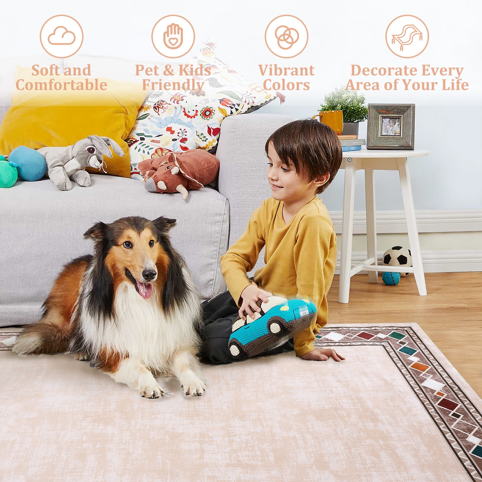 GlowSol 10'x13' Large Area Rug Modern Bordered Area Rug for Living Room Bedroom Geometric Border Non-Slip Stain Resistant Accent Rug, Beige