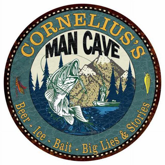 CORNELIUS'S Man Cave Fishing 14" Round Metal Sign Garage Bar Decor 100140004489