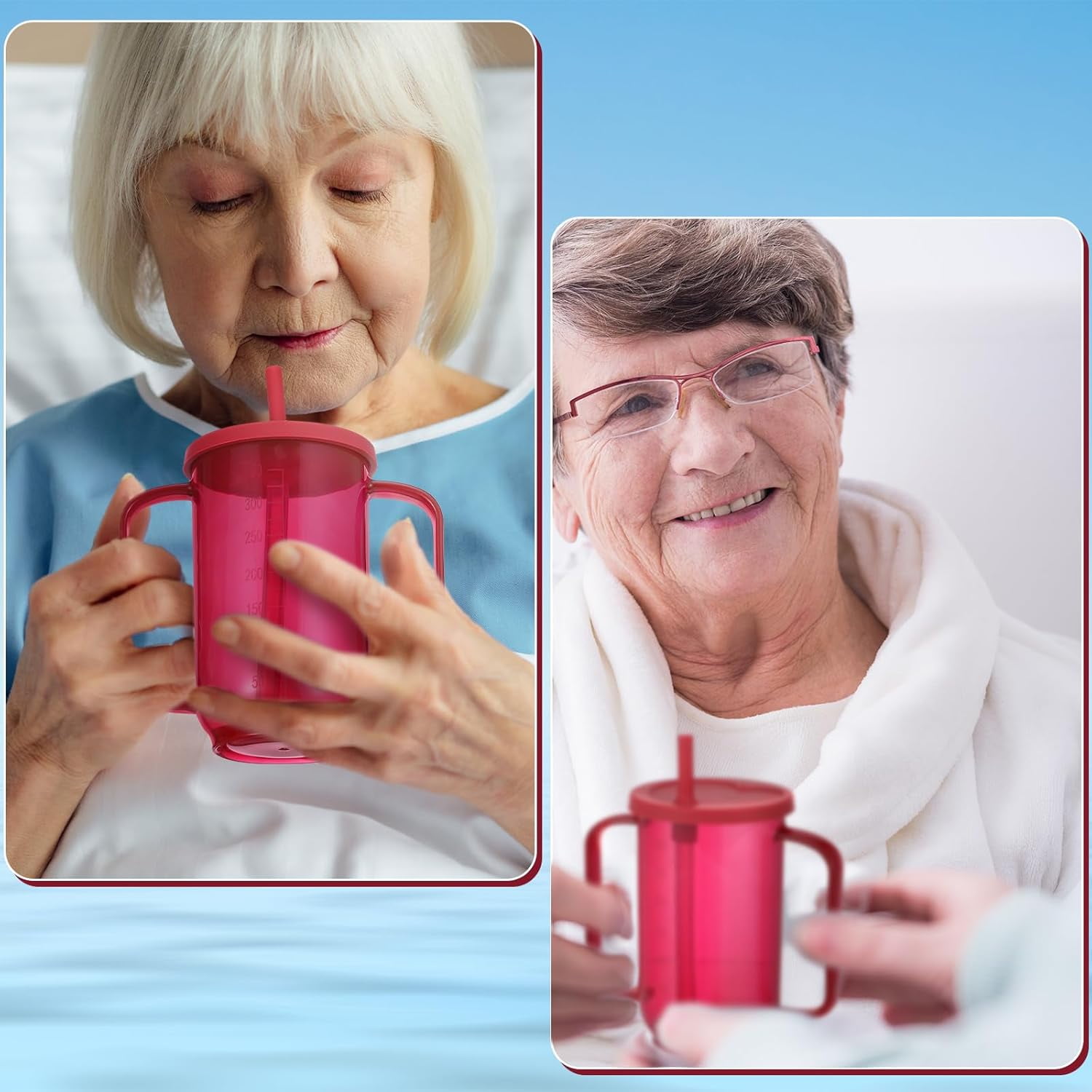 ABPETE Adult Sippy Cups for Elderly 12 oz Straw Sippy Cups with 2 Handles No Spill for Adults Spill Proof Dysphagia Cup for Disabled Patients(Red)