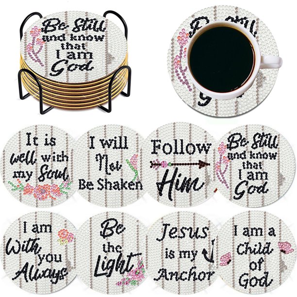 (BD060) Juego Posavasos Diamantes DIY Love And Faith (posavasos Acrílico + Tapete Corcho + Estante Almacenamiento 8 Piezas)