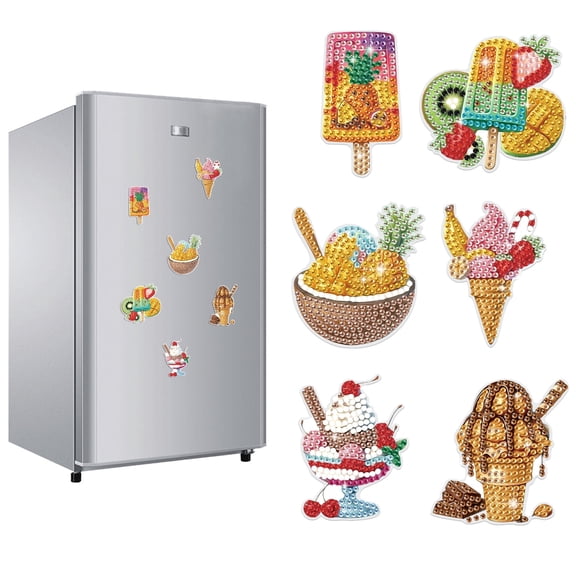 6pcs Diamond Painting Kit Fridge Magnets Colorful Ice Cream DIY Glitter Magnetic Stickers Creative Handmade Fridge Decor Perfect for Kitchen Decor and Holiday Gifts