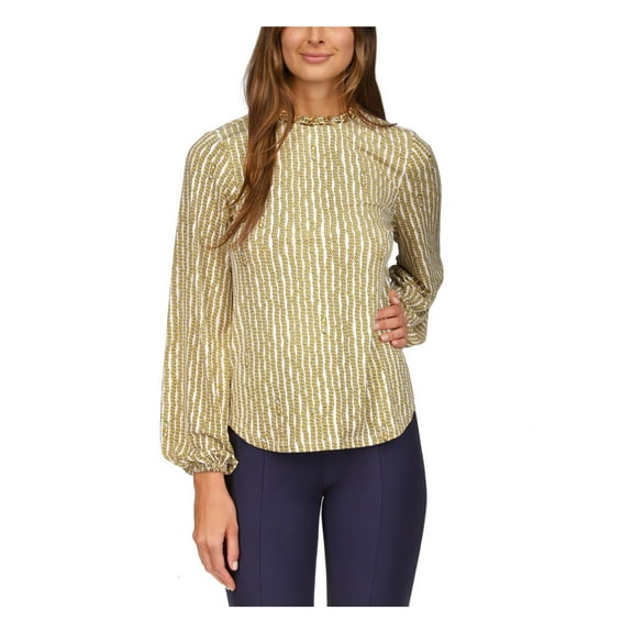 MICHAEL MICHAEL KORS Womens White Unlined Chain Collar Tie Curved Hem Printed Long Sleeve Round Neck Top S